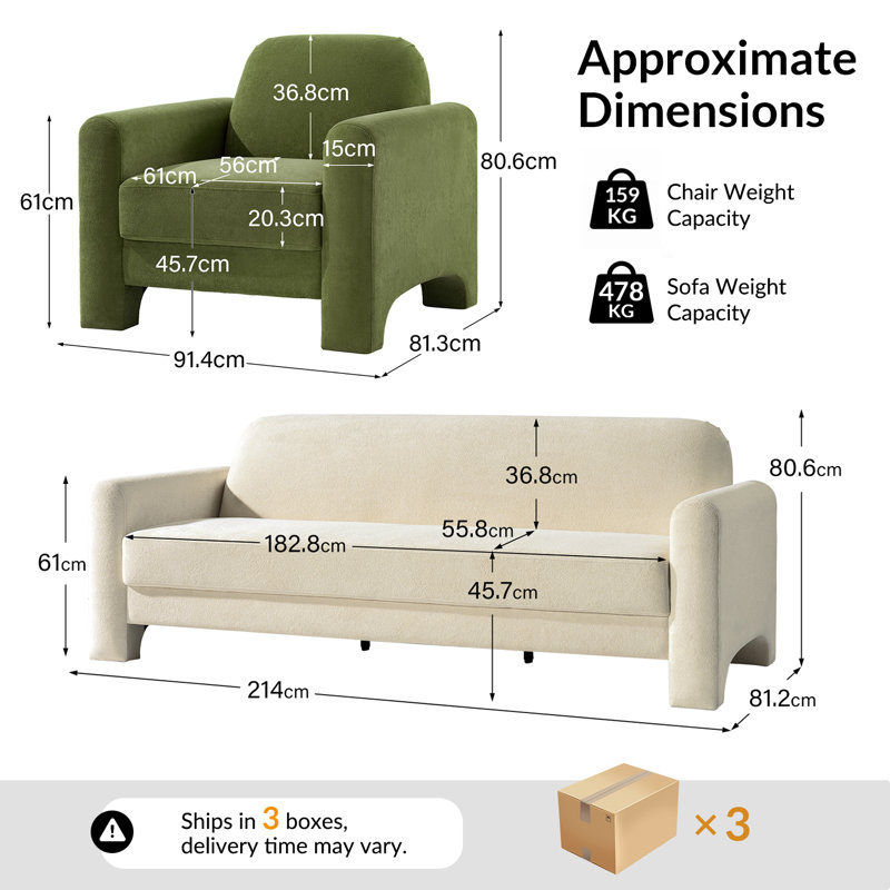 Werts 2-Piece Living Room Set with Sofa And Armchairs, Ivory