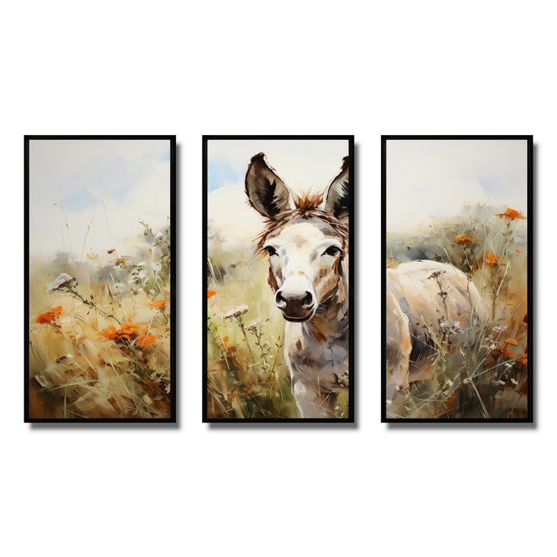Donkey Flower Meadow Landscape II - âne, art mural, Cadre flottant noir, H 40 po x l 60 po