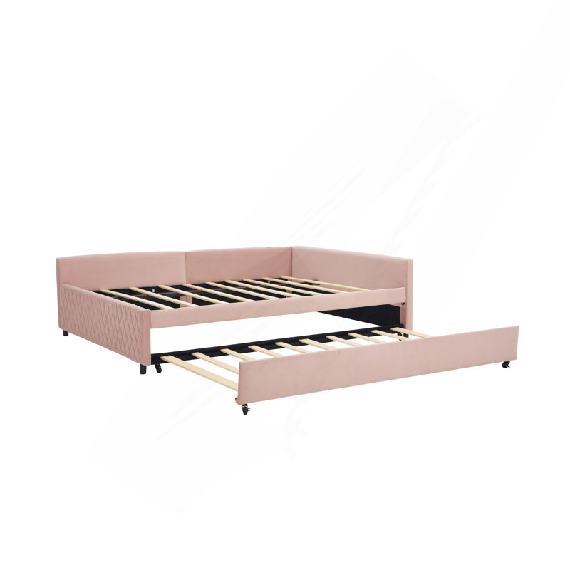 Lit de jour rembourré avec lit gigogne, structure de lit en bois robuste, conception de grille de diamant moderne, pour chambre à coucher, chambre d'amis (rose)