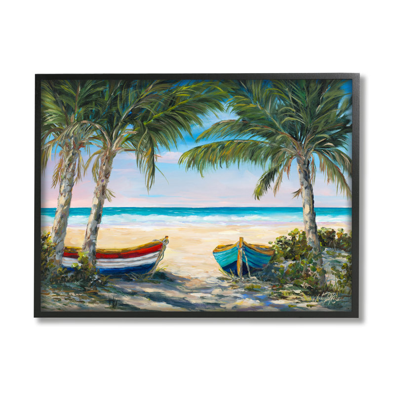 Canots à rames sur la plage, palmiers tropicaux, Giclée encadrée noir minuit, H 24 po x l 30 po x P 1,5 po