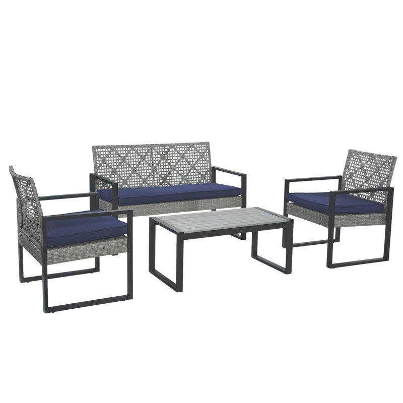 Ensemble de salle à manger moderne 4 pièces, en bois durable et en osier, pour des espaces extérieurs confortables