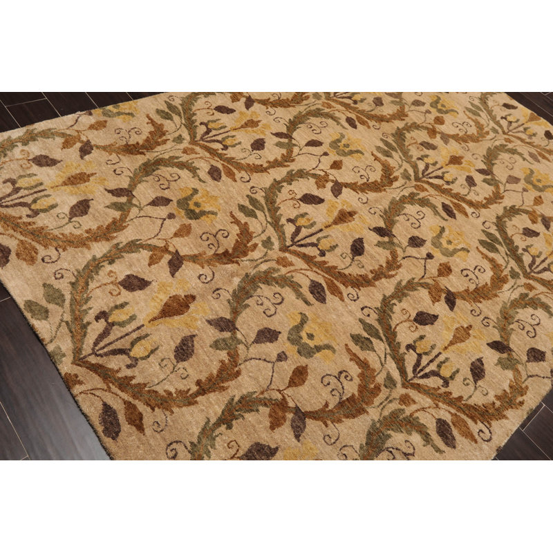 Hand-Knotted Tan and Brown Wool Oriental Rug, 6' x 9'