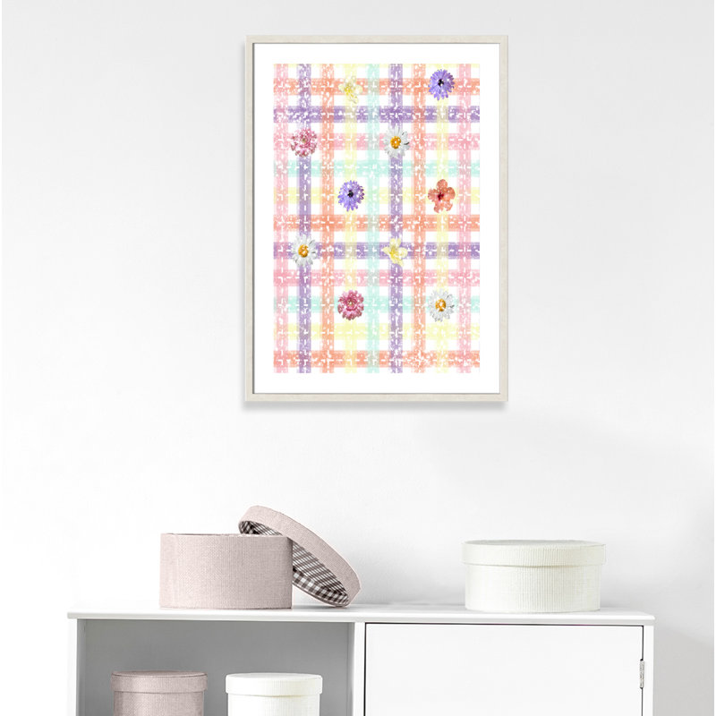 Impression sur papier à carreaux unique avec fleurs, H 35,5 po x l 25,5 po x P 1,1875 po