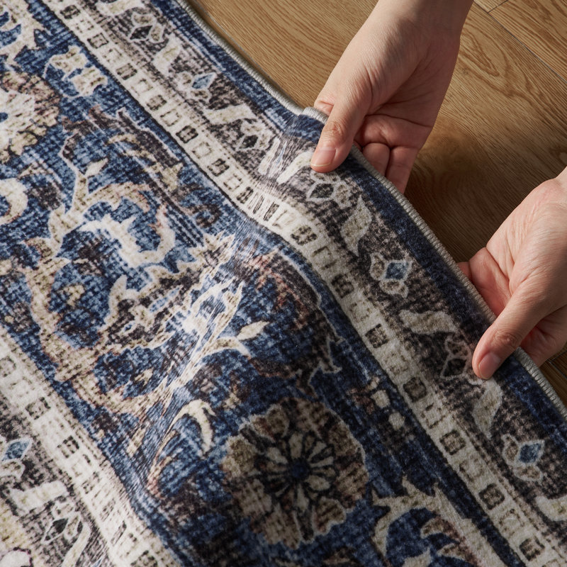 Soft Vintage Floral Non-Slip Washable Area Rug For Living Room, Bedroom Navy, Retangle 5' x 7', Blue/Beige/Ivory