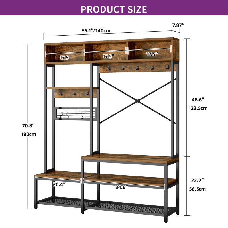 Tabbie 55" Farmhouse Entryway Freestanding Hall Tree Coat Rack with Bench and Shoe Storage for Living Room