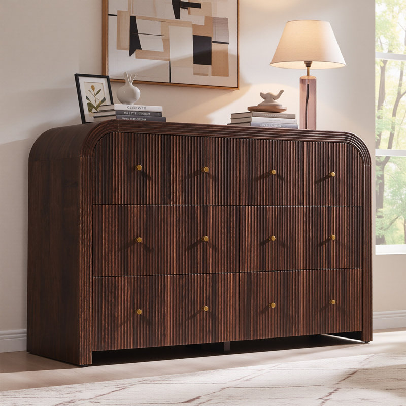 54" Fluted 6-Drawer Dresser With Thickened Curved Profile, Dark Walnut