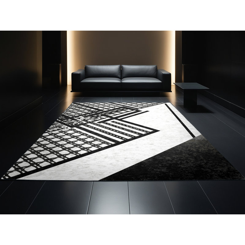 Machine Washable Yonkers Lacrosse Stick Net Modern & Contemporary Geometric Rug in Blue – Black Binding, 4x6