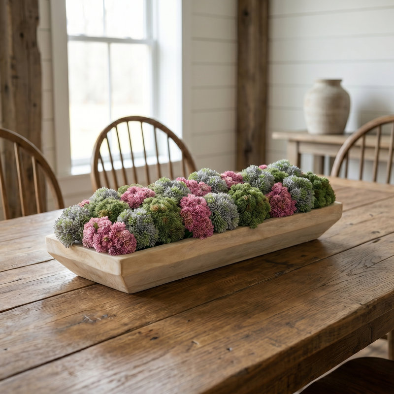 Sedum and Moss Arranged in Wood Planter, Green/Pink