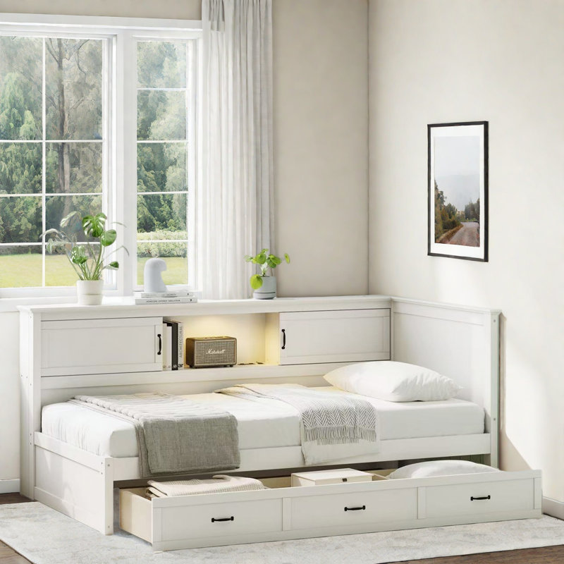 L-shaped Daybed With Drawer, Storage Cabinets, Led Downlight And Usb Port, Twin