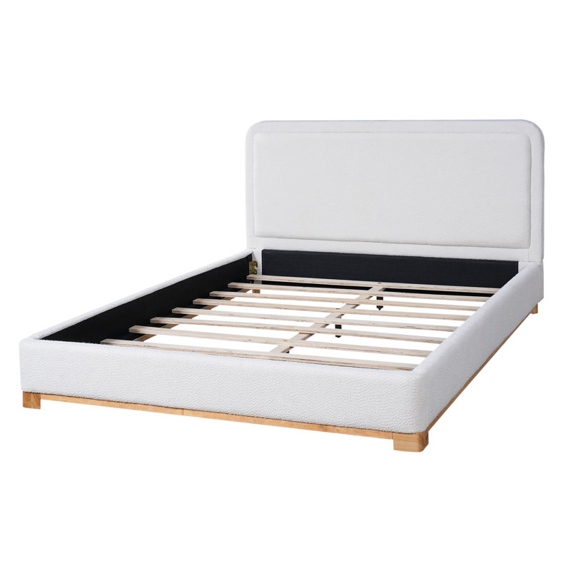 Structure de lit avec tête de lit tapissier courbée Boucle, base en bois massif, blanc, Grand lit