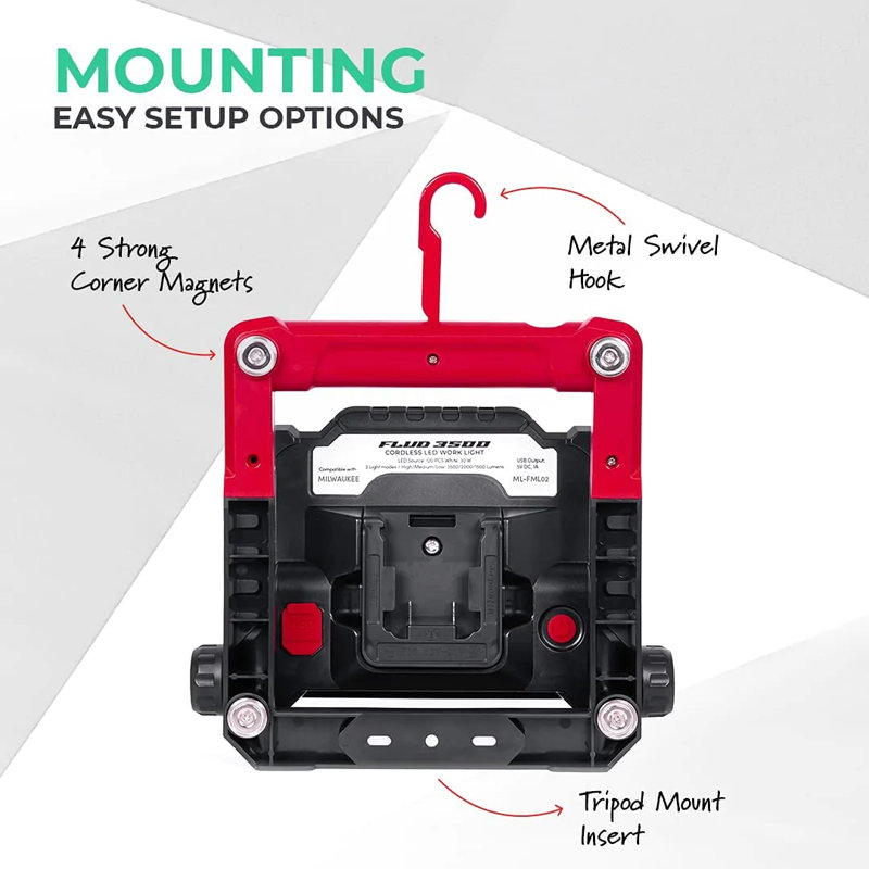 Portable LED Work Flood Light Powered by Milwaukee 18v Battery or Wall Plug (3 Brightness Settings)