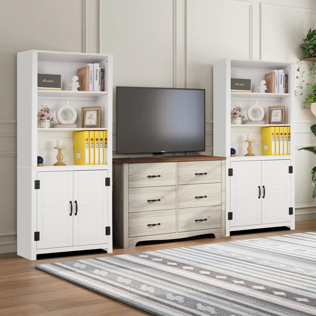 2PCS 5 Tier Bookshelf 71" Tall Bookcase With Doors Storage And 3-Tier Open Shelves Wood Farmhouse Bookshelves Cabinet Organizer For Living Room, Study, Kitchen, Home Office (Set of 2) Lark Manor™ 