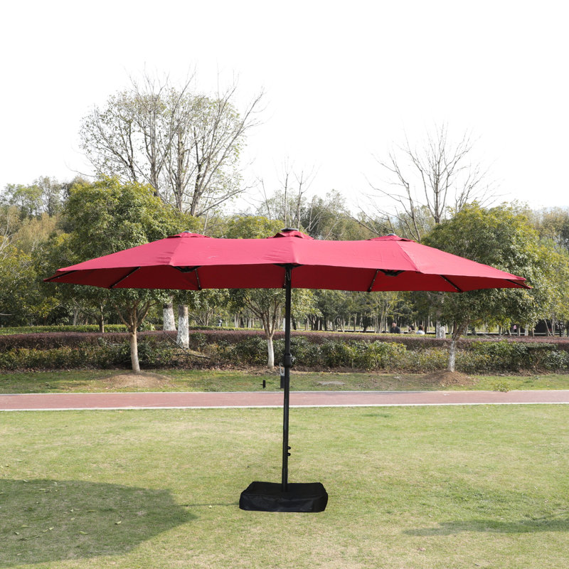 Parasol rectangulaire double 15X9pi avec base rouge Très grand abat-jour pour la piscine, la cour arrière. Fade - auvent, cadre rouillé, manivelle facile, conception et base extérieures rouges. Extra