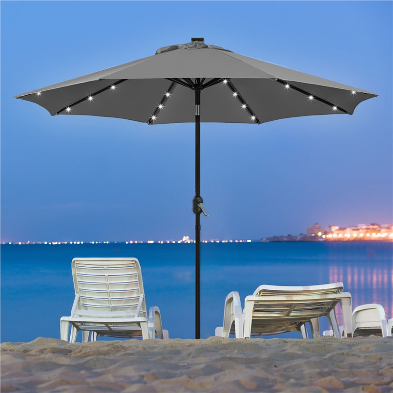 Parasol de marché 7,5 / 9 pi à DEL avec parasol de marché solaire, Gris, L 108 po x P 108 po