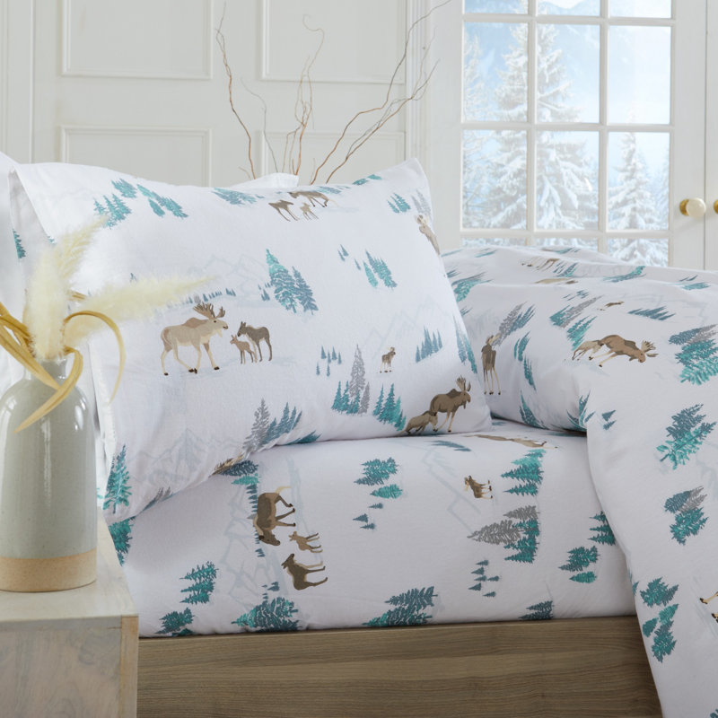 Queen Blue Moose Print Cotton Flannel Sheet Set