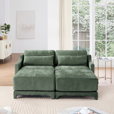 Canapé 2 places en tissu de chenille de style contemporain avec 2 repose-pieds et 2 coussins lombaires