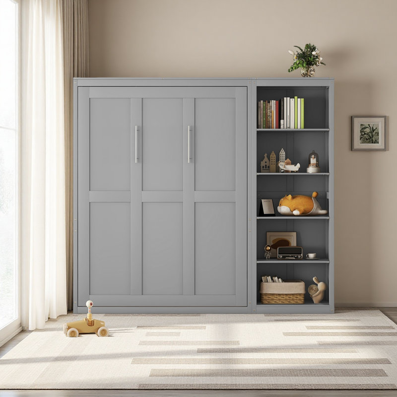 Grand lit escamotable mural avec tablettes, Grey