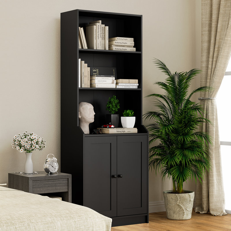 Damilja 27.5" W x 75.5" H Standard Bookcase 3 Shelf with Two Doors, Black