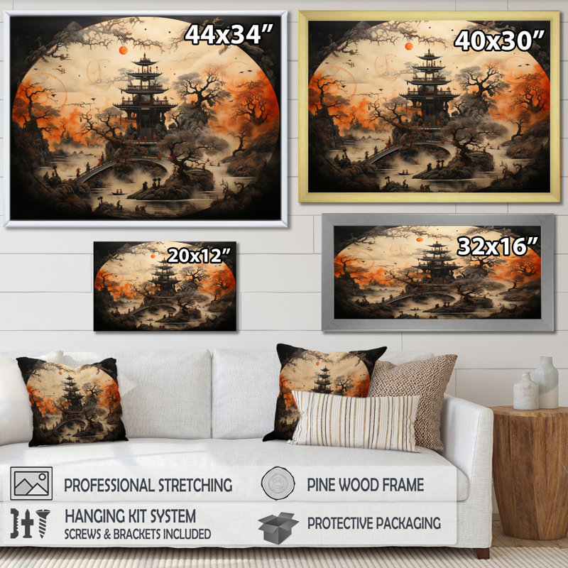Roue bouddhique beige orange de la vie - impressions murales spirituelles, Cadre simple noir, H 24 po x l 32 po x P 1 po