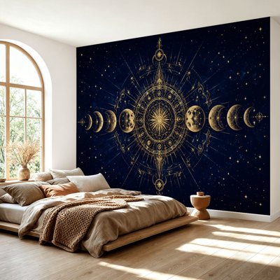 Wall Mural Peel and Stick Wallpaper Celestial Moon Phases Mandala Gold Accents Starry Night Self-Adhesive Removable Contact Paper Wall Decor for Living Room Bedroom 69"H x 96"W