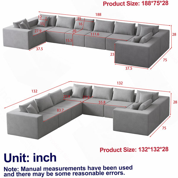 Latitude Run® 188-Inch Corduroy Modular L Shaped Sectional Sofa,Luxury ...