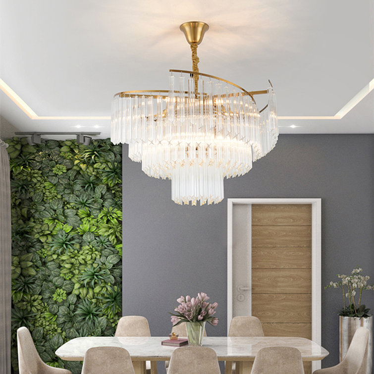 (Missing pieces)Gold Crystal Chandelier Light Fixture 23.6 Inch, Luxury Brass Round Pendant Light With 3 Tier K9 Crystal, Semi Flush Mount 9 Light Chandeliers For Dining Room Bedroom Living Room E14