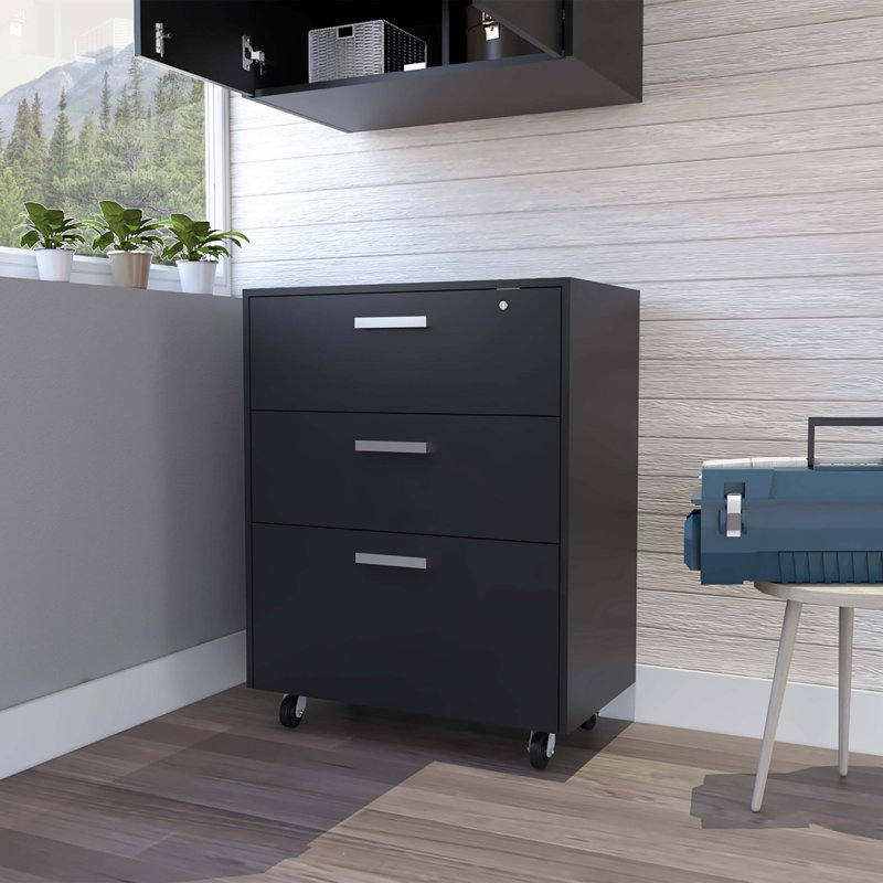 Three Drawer Base Cabinet  With Caster, Lock And Full Extension Rails Fr Garage Storage System Black