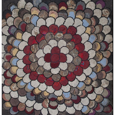 Antique Artistic Colorful Radiating American Floral Folk Art Penny Design Hooked Rug