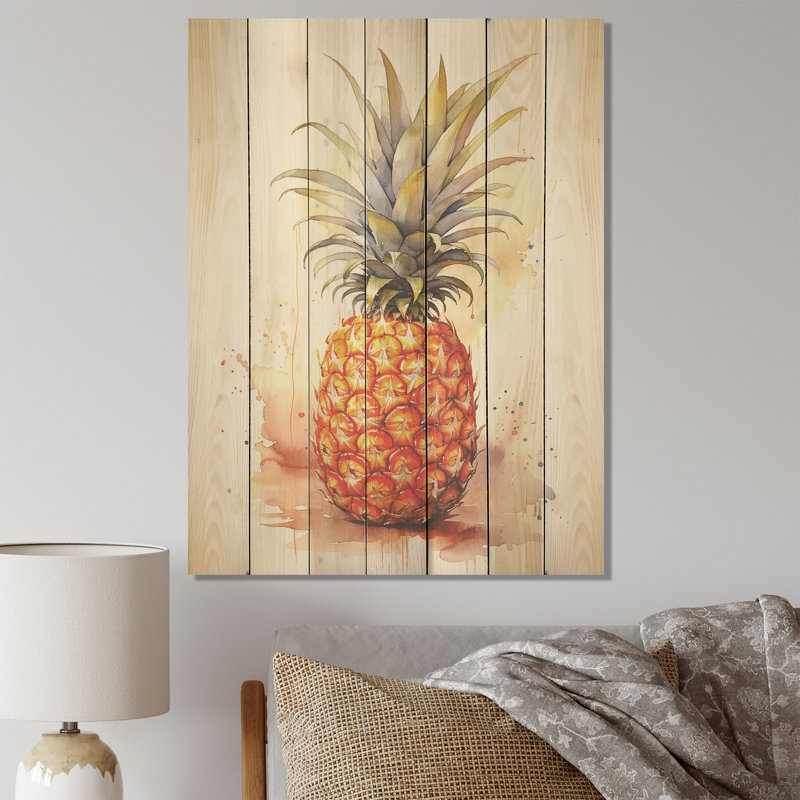 Impression d'ananas doré I - ananas sur bois, H 20 po x l 10 po