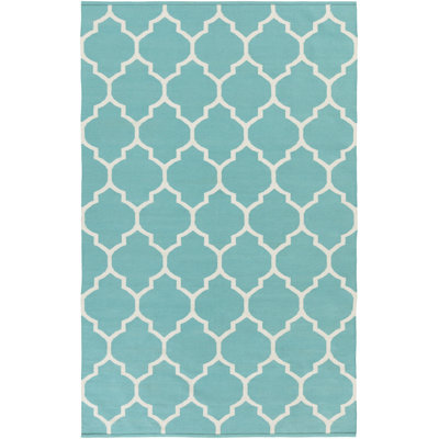Tapis bleu sarcelle / ivoire en coton tissé à plat à la main Bethy