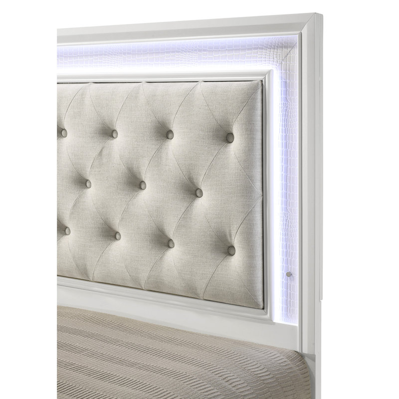 Très grand lit moderne, tête de lit tapissier avec lumières DEL et finition texturée blanc avoine