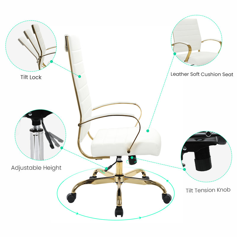 Mid-Century High-Back Swivel Office Chair in White Leather