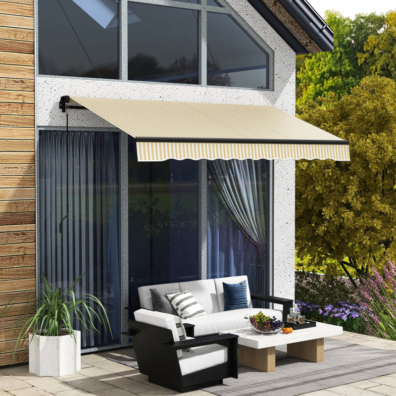 12' X 10' Retractable Sunshade Awning, Patio With Manual Operation, 280gsm Fabric, Aluminum Frame, Beige For Yard Deck Crank Handle, Balcony &