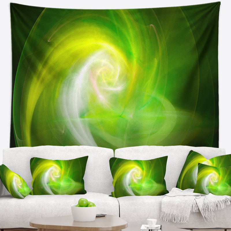 Tapisserie verte à motif abstrait fractal, H 68 po x l 80 po