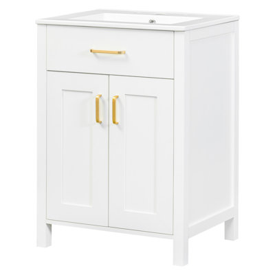 Meuble-lavabo 24 po avec lavabo en céramique - compact et glamour. L 24,2 po x P 18,5 po x H 34 po. Noyau en bois massif, surfaces. Quincaillerie dorée. Tablettes de rangement spacieuses. Intérieur réglable. Luminaire moderne et élégant