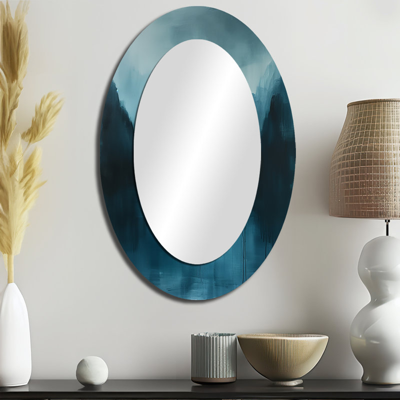 Monochrome Grey Blue Rainy Mountain Winter Days I - Blue Traditional Oval Wall Mirror, 36" x 24"