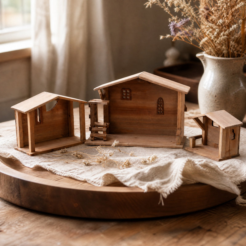 Ensemble de maison de village en bois, 3 pièces