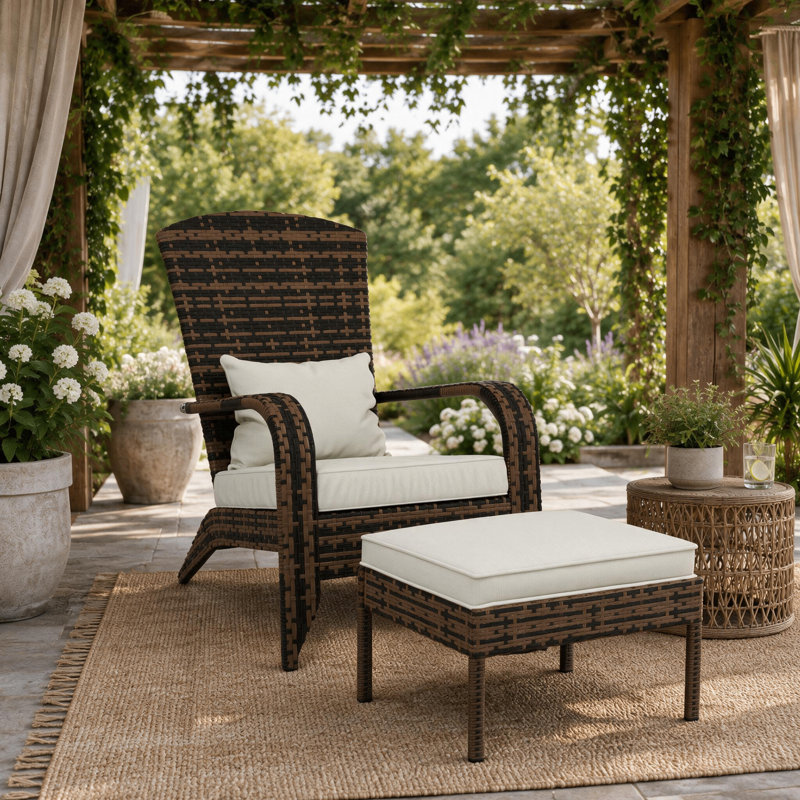 Ensemble de chaise Adirondack et repose-pieds en rotin PE de style classique avec coussins amovibles pour porche de terrasse et bord de piscine