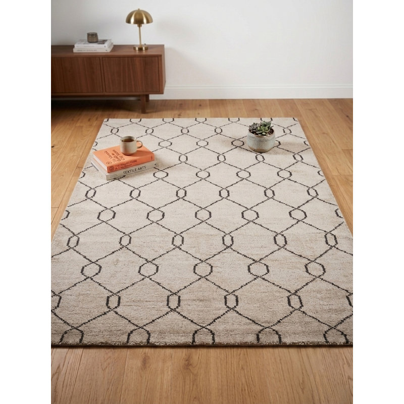 Tapis intérieur beige noué à la main à motif géométrique 100% laine, Rectangle de 5 pi x 8 pi