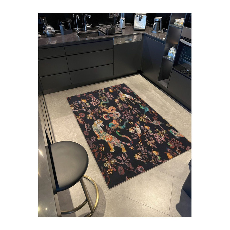Tapis noir tissé à motif animalier, Tapis de couloir 3 pi 3 po x 9 pi 10 po