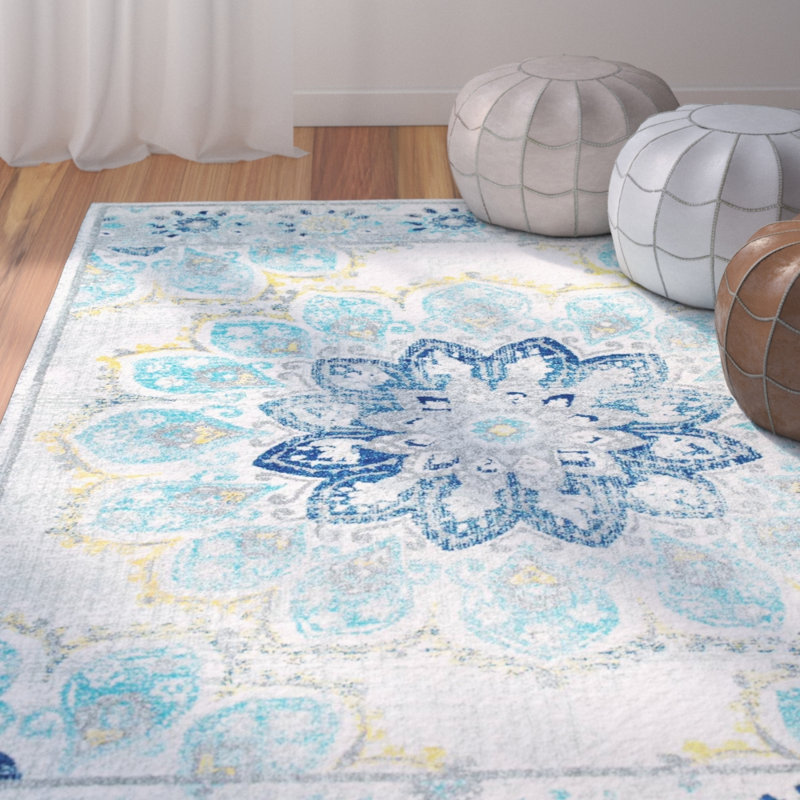 Swam Vintage Floral Power Loom Performance Blue Rug, Rectangle 9' x 12'