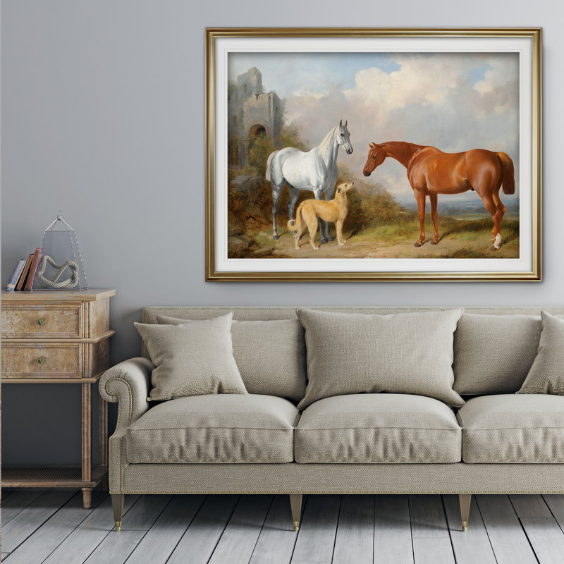 « rétro cheval pastoral », impression de dessin, Cadre doré, H 31 po x l 43 po x P 1,5 po