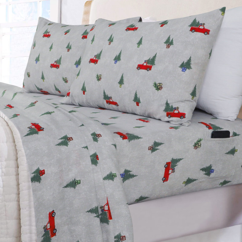 100% Cotton Flannel Sheet Set, Queen Sheet Set + Fitted Sheet + 2 Pillowcases, Truck Tree