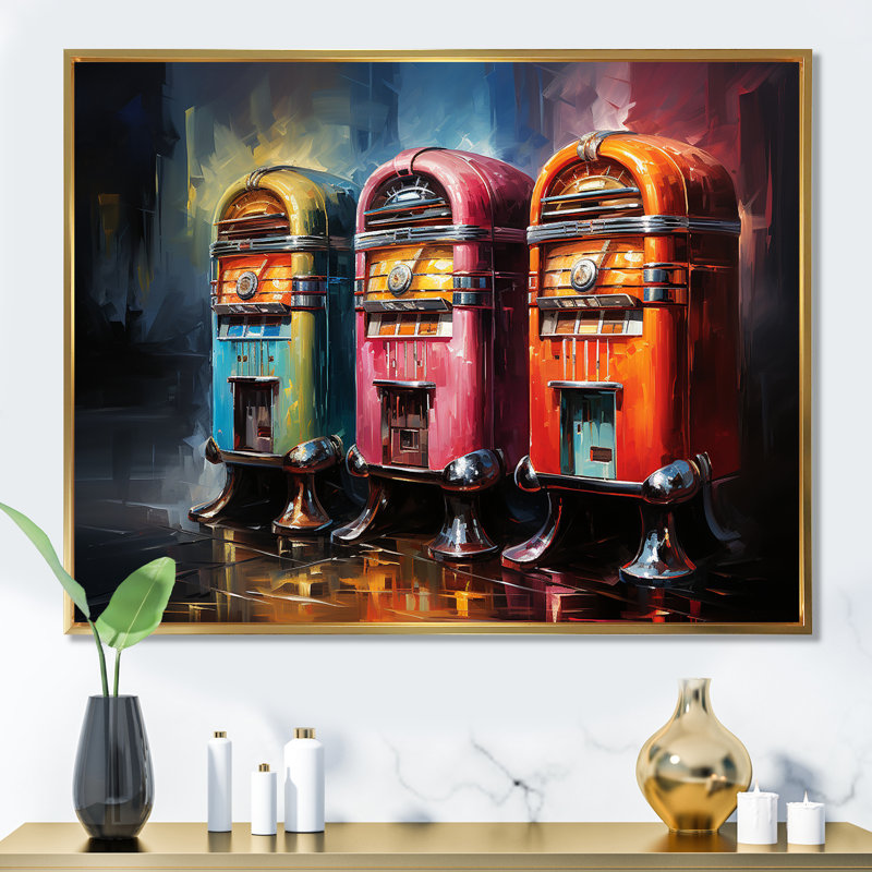 Coloful Modern Jukebox Jams 2 - Jukeboxes Wall Art, Gold Floater Framed, 12" H x 20" W x 1" D