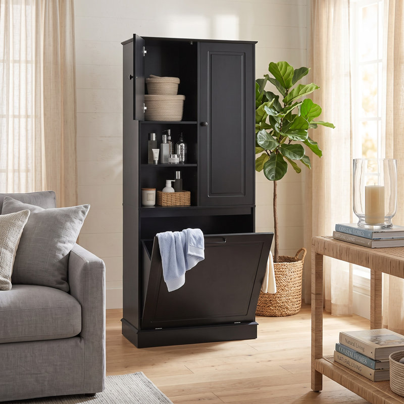 Grande armoire de rangement moderne avec panier rabattable, tablettes réglables et armoires fermées - noir