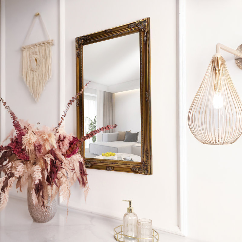 Wood Square Wall Mirror Decorative Mirror for Bathroom Livingroom, Gold