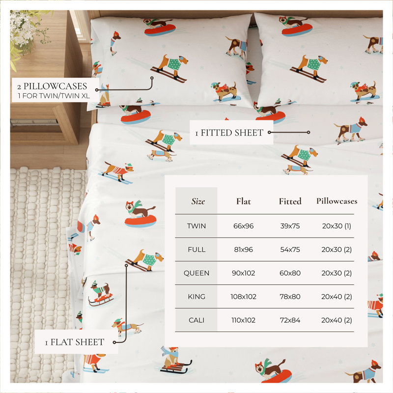 Queen Gray Cotton Flannel Holiday Print Sheet Set