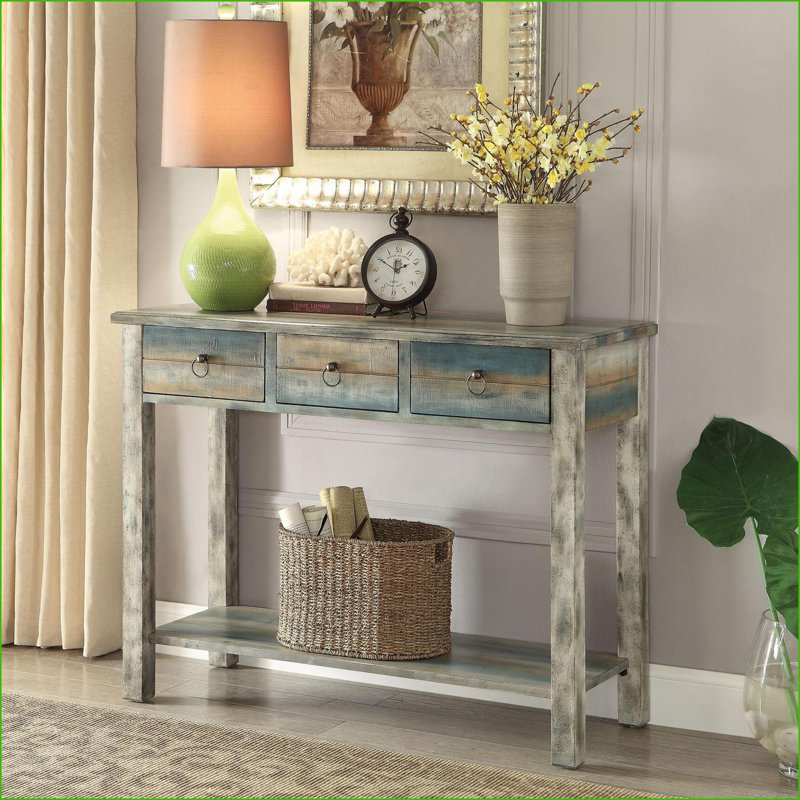 Gris antique d'inspiration rétro Table basse sarcelle avec 3 tiroirs et amp; Tablette, charme intemporel pour le salon