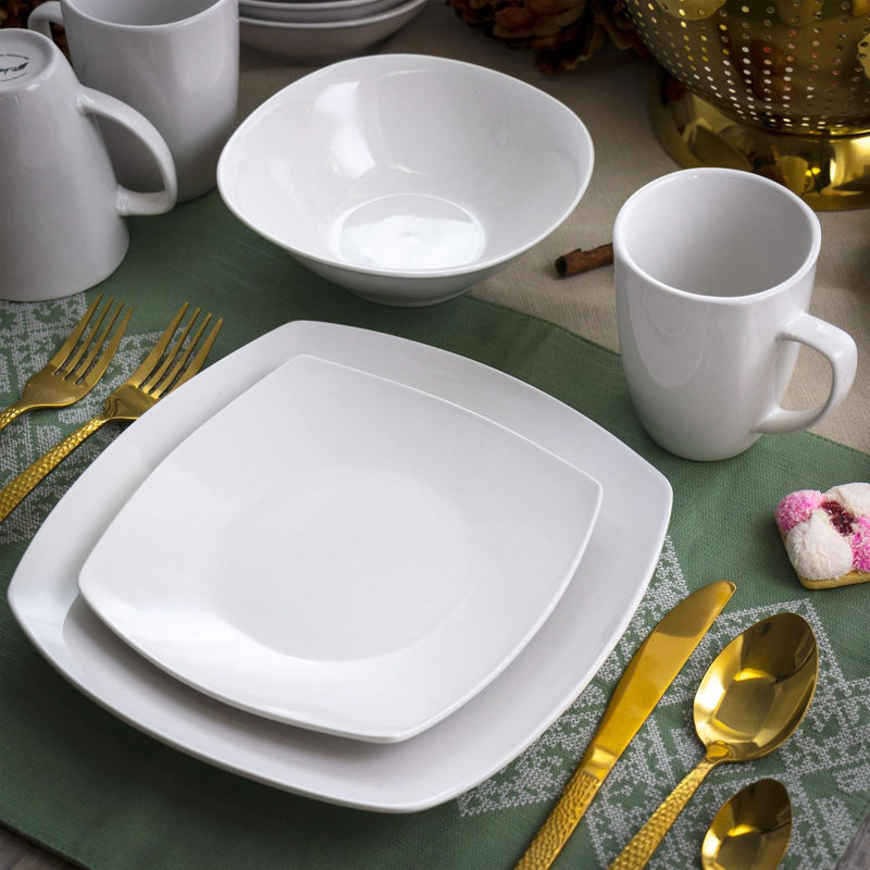 Service de table en porcelaine 16 pièces pour 4 personnes, carré doux, allant au micro-ondes et au lave-vaisselle