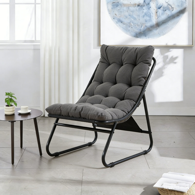 Patio Outdoor Lounge Chair with Ottoman, Comfy Sling Recliner Chair with Puffy Cushion and Foot Stool, Ideal for Living Room, Bedroom, Reading Room